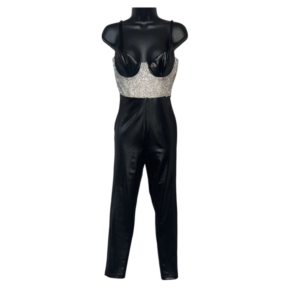 Rhinestone Mesh Faux Leather Jumpsuit Club Party  Black